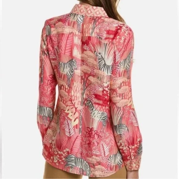 J. McLaughlin NWT Coral/grey Equine Garden animals Silk Darcy button blouse XS - Picture 3 of 10